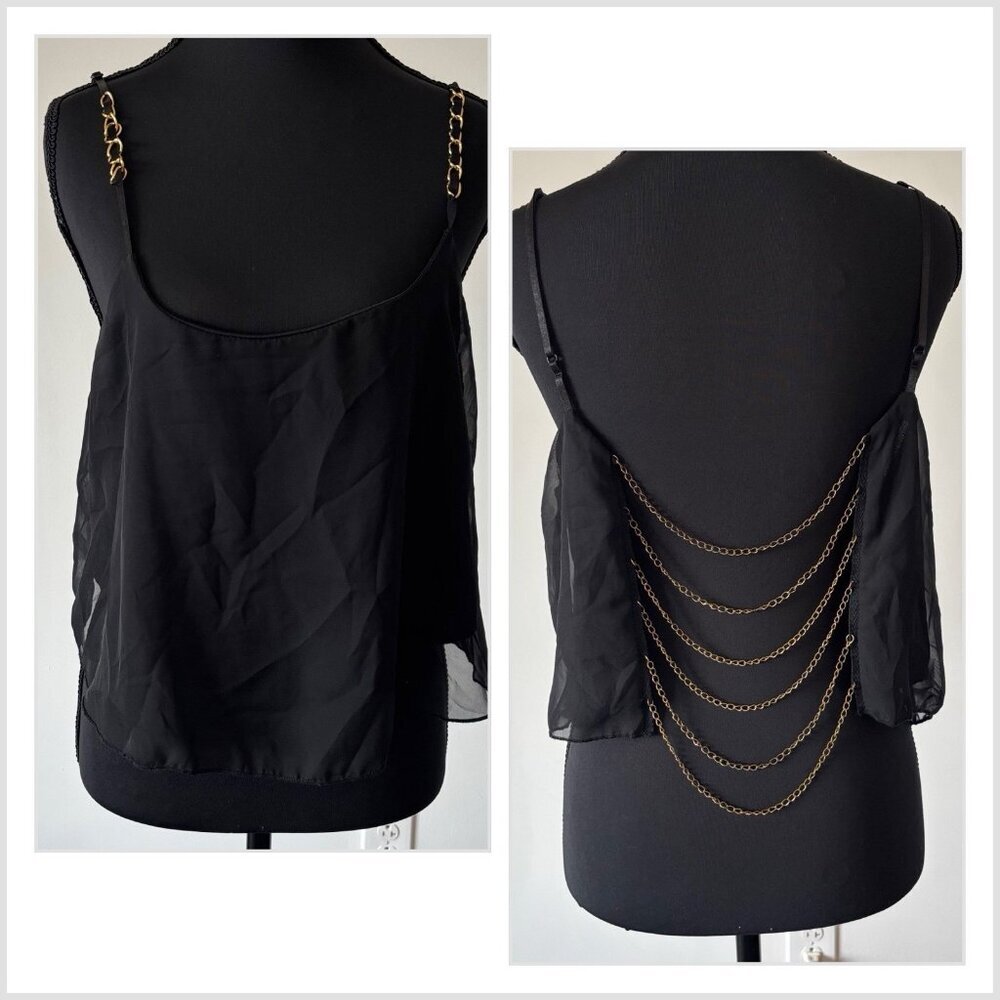 Y2K Open Back Chain Crop Top Black Womens LARGE Made In USA boho Festival Grunge